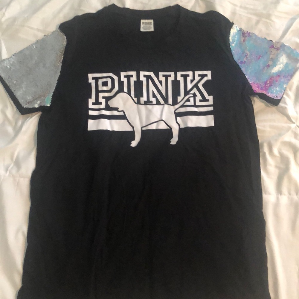 Black shirt with white dog and sequin sleeves